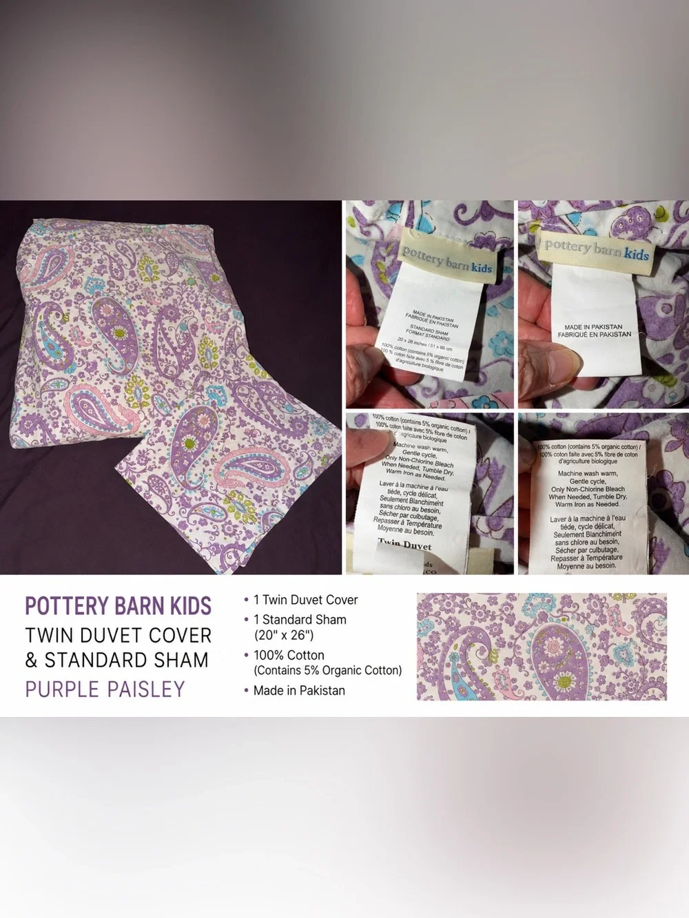 Pottery Barn Kids Twin Duvet Cover & Standard Sham Purple Paisley Cotton Bedding